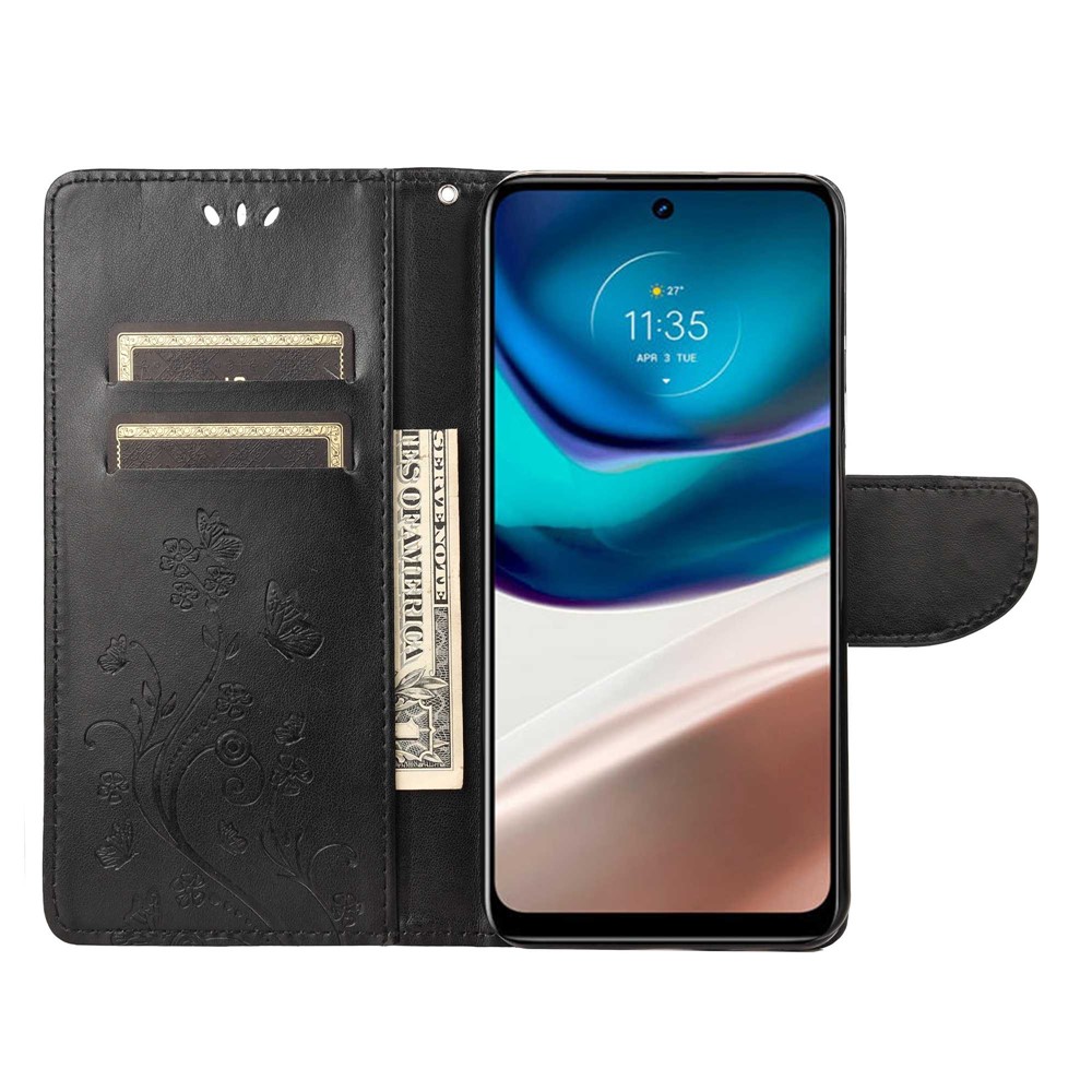 Wallet Stand Leather Case for Motorola Moto G42 4G, Imprinting Flower Butterflies Folio Flip Phone Cover with Strap - Black-2
