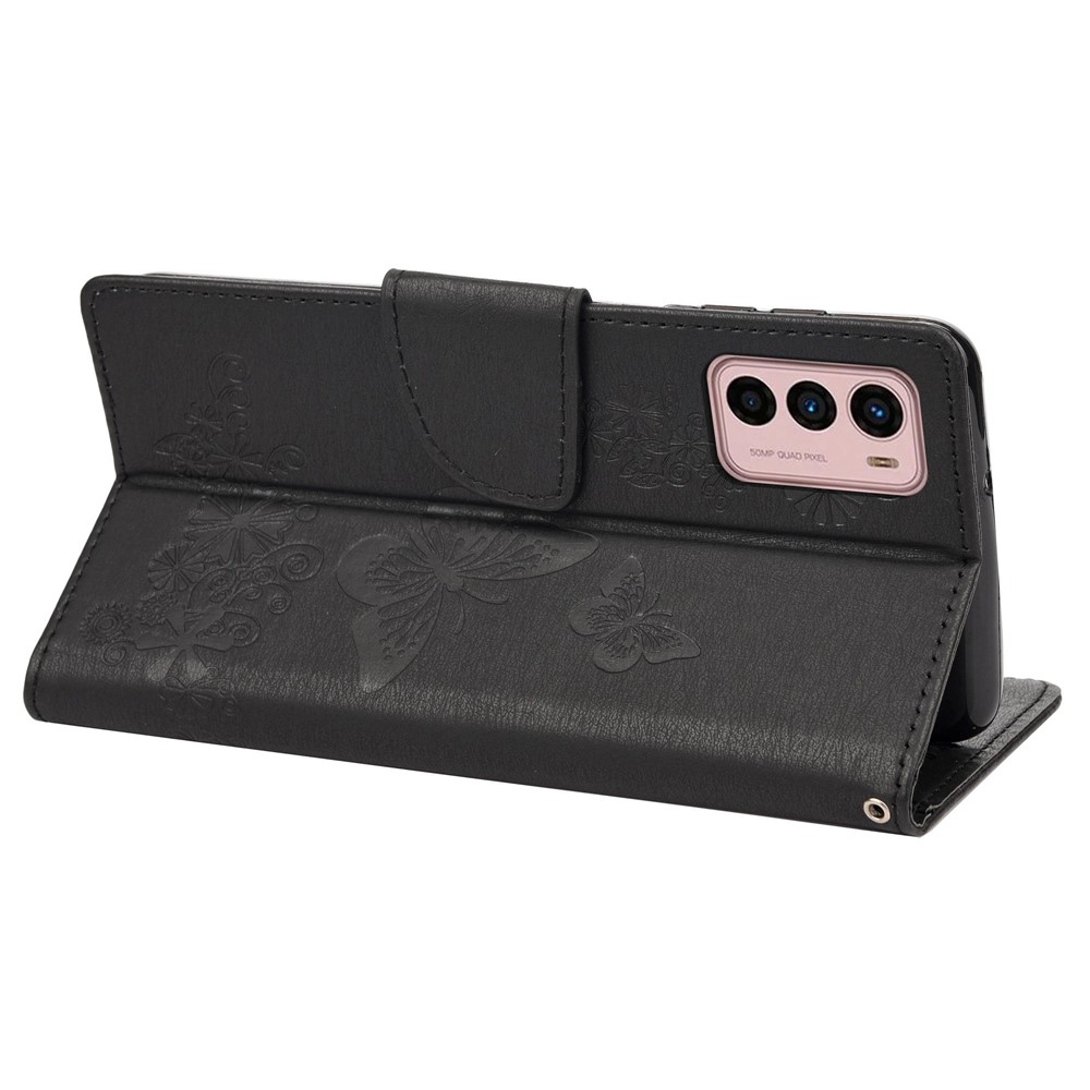 For Motorola Moto G42 4G PU Leather Case Big Butterflies Flower Pattern Imprinting Full Protection Stand Wallet Cover with Strap - Black-4