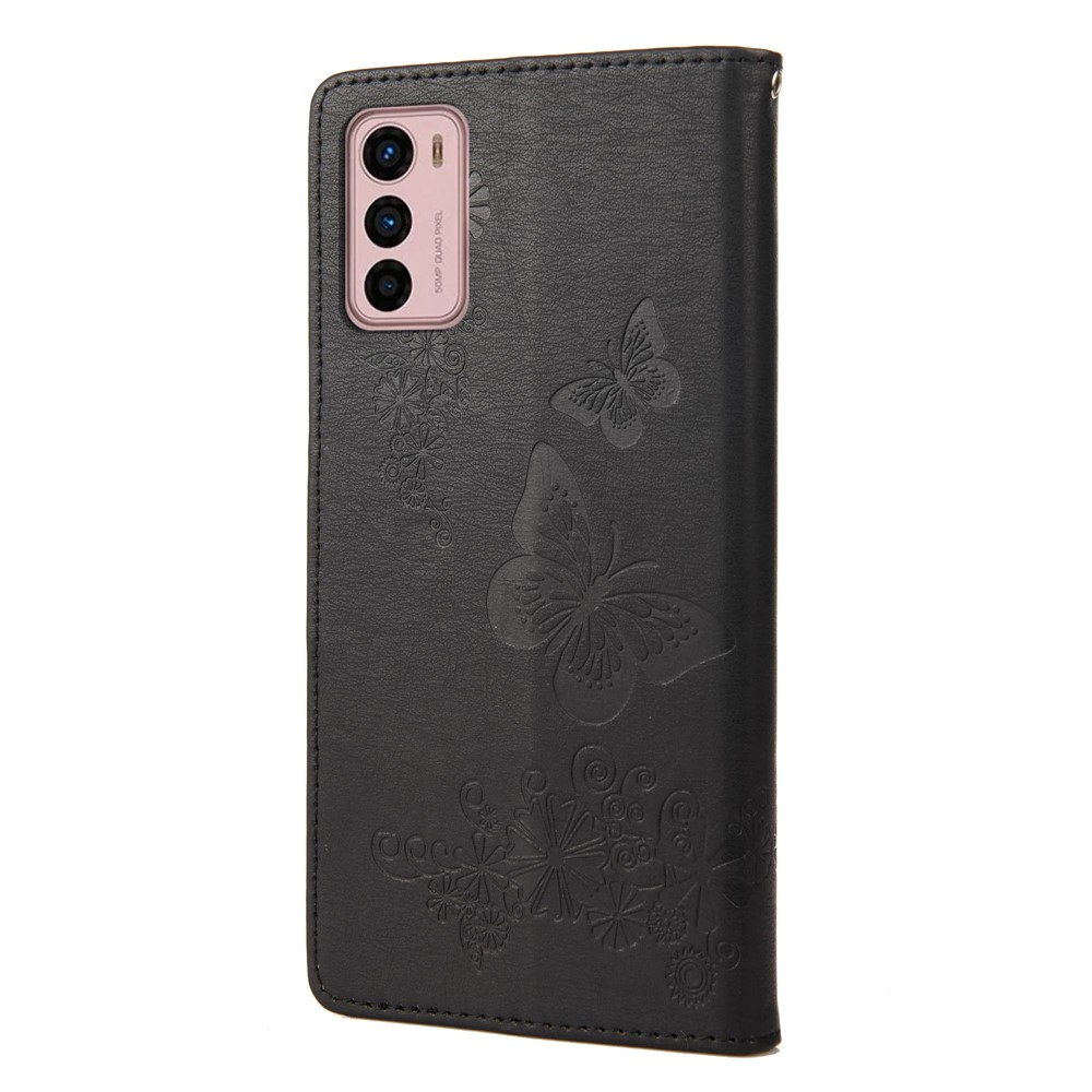 For Motorola Moto G42 4G PU Leather Case Big Butterflies Flower Pattern Imprinting Full Protection Stand Wallet Cover with Strap - Black-7