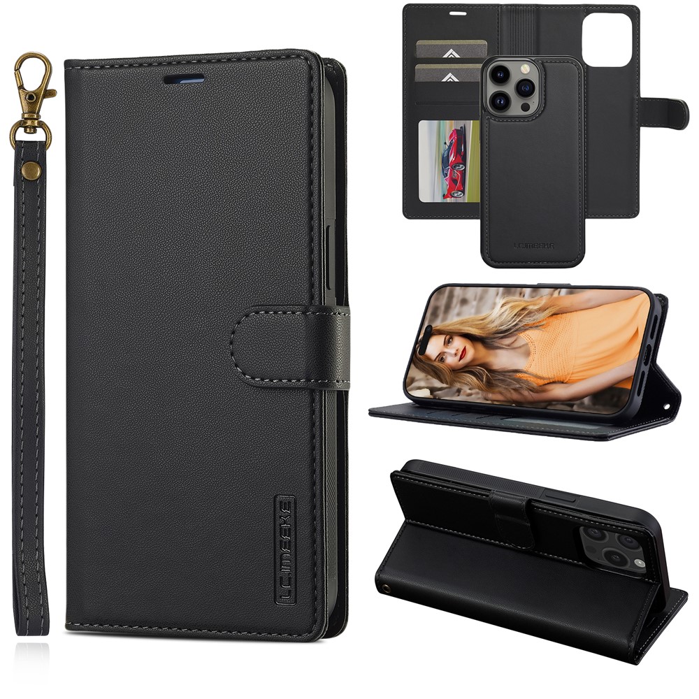 LC.IMEEKE L2 Series for iPhone 14 Pro Case PU Leather Wallet Detachable Magnetic Phone Cover - Black