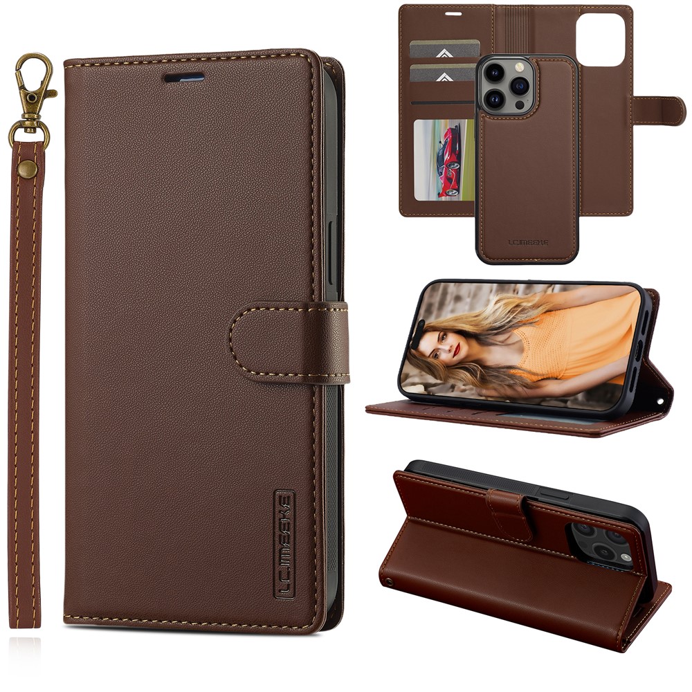 LC.IMEEKE L2 Series for iPhone 14 Pro Case PU Leather Wallet Detachable Magnetic Phone Cover - Brown