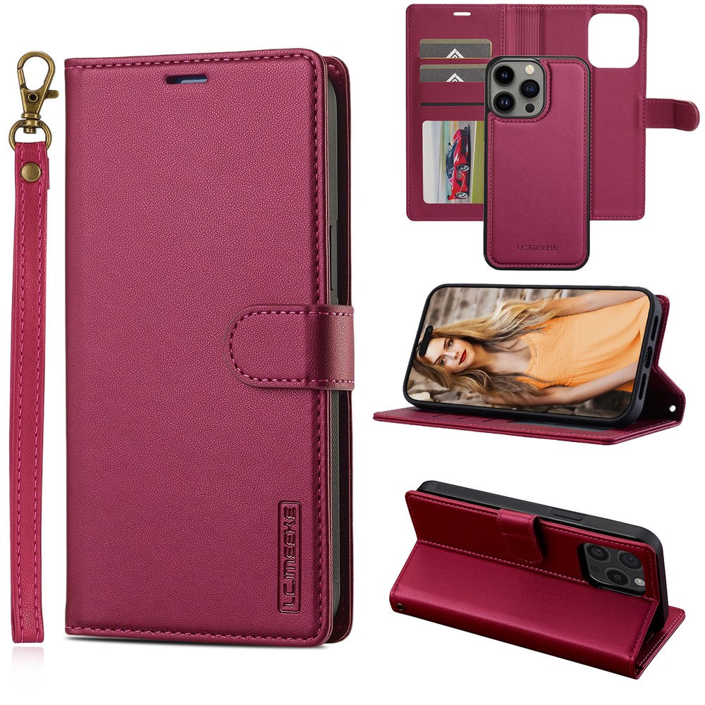 LC.IMEEKE L2 Series for iPhone 14 Pro Max Case PU Leather Wallet Detachable Magnetic Phone Cover - Red