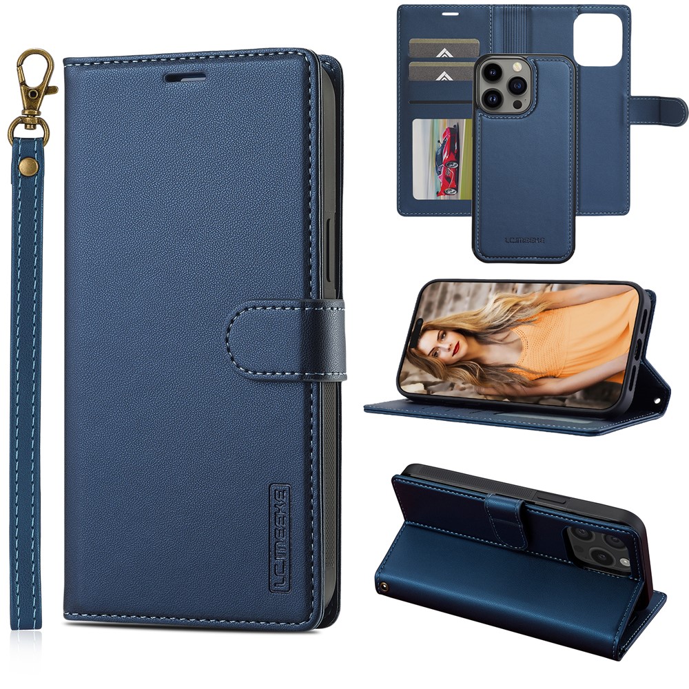 LC.IMEEKE L2 Series for iPhone 14 Pro Max Case PU Leather Wallet Detachable Magnetic Phone Cover - Blue