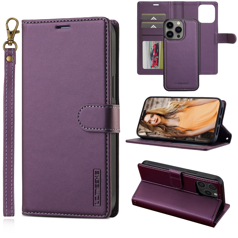LC.IMEEKE L2 Series for iPhone 14 Pro Max Case PU Leather Wallet Detachable Magnetic Phone Cover - Purple
