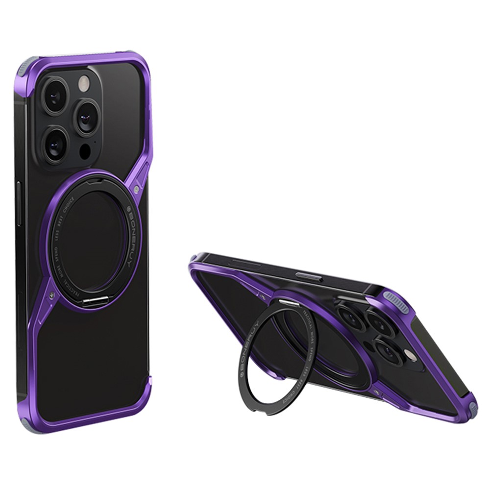 For iPhone 14 Pro Max Bumper Phone Case Rotary Ring Kickstand Aluminium Alloy S-Shape Magnetic Cover - Purple