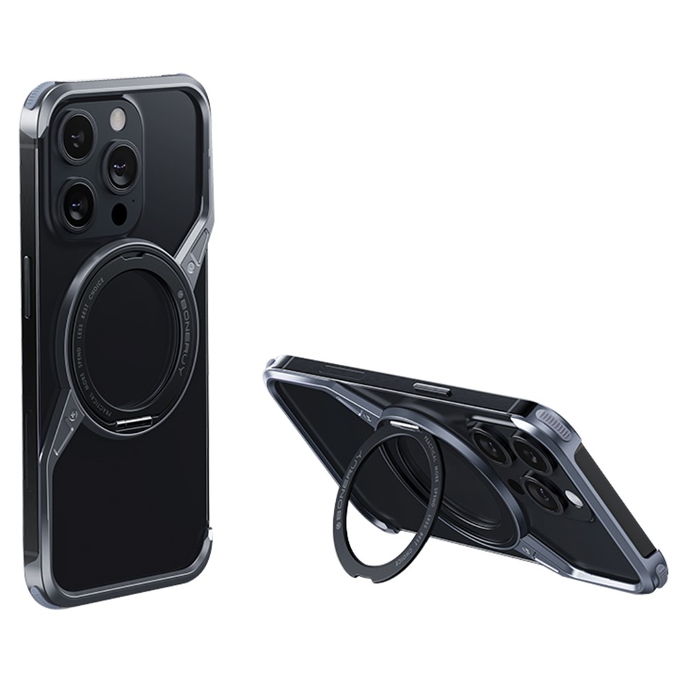 For iPhone 14 Pro Max Bumper Phone Case Rotary Ring Kickstand Aluminium Alloy S-Shape Magnetic Cover - Grey