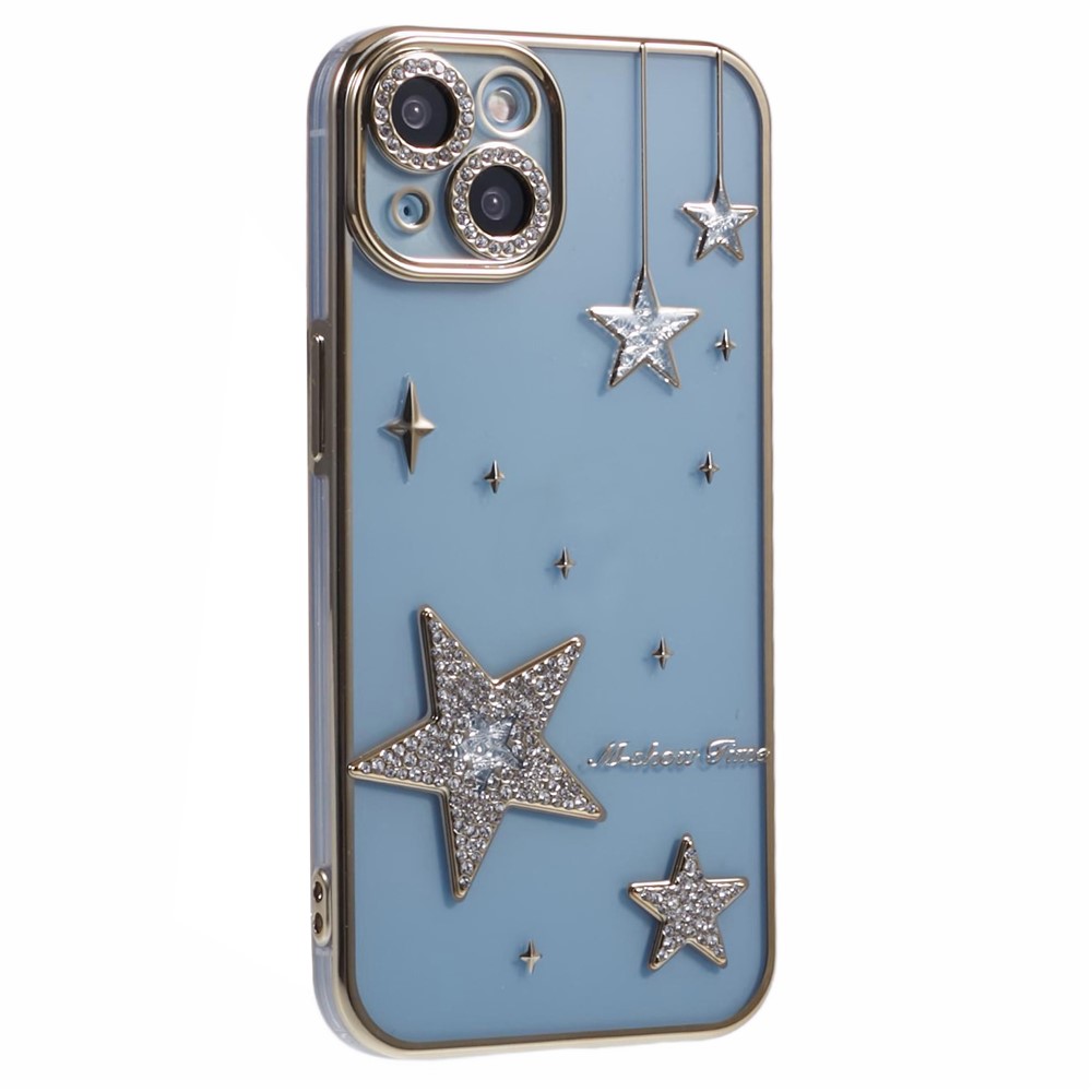For iPhone 15 Case 3D Bling Stars Electroplating TPU Clear Phone Case - Gold