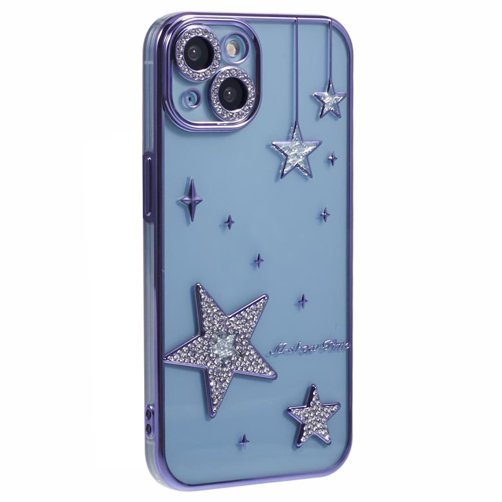 For iPhone 15 Case 3D Bling Stars Electroplating TPU Clear Phone Case - Purple