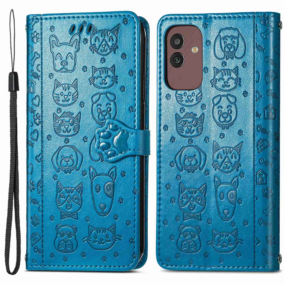 For Samsung Galaxy M13 5G Imprinted Cat Dog Pattern Phone Cover PU Leather + TPU Wallet Stand Case - Blue-1