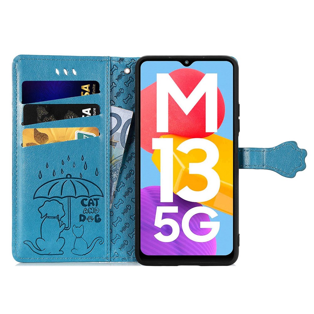 For Samsung Galaxy M13 5G Imprinted Cat Dog Pattern Phone Cover PU Leather + TPU Wallet Stand Case - Blue-2