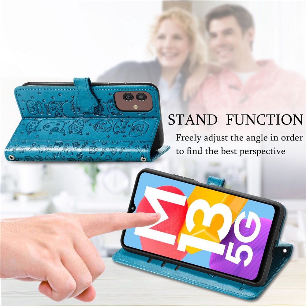 For Samsung Galaxy M13 5G Imprinted Cat Dog Pattern Phone Cover PU Leather + TPU Wallet Stand Case - Blue-6