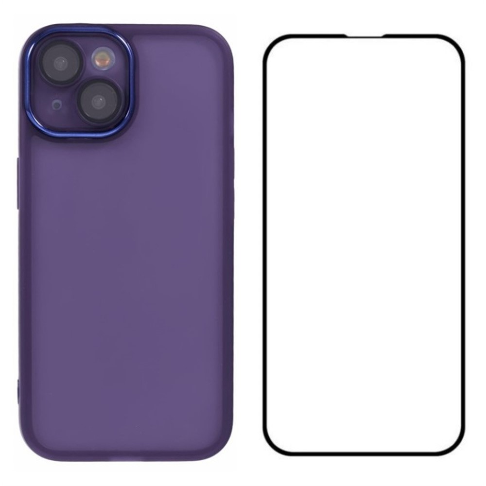 WANLONFENG DKSM Series for iPhone 14 TPU Case Electroplated Frame Phone Cover with Tempered Glass - Transparent Purple