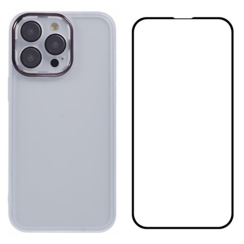 WANLONFENG DKSM Series for iPhone 14 Pro Max TPU Case Electroplated Frame Phone Cover with Tempered Glass - Transparent White