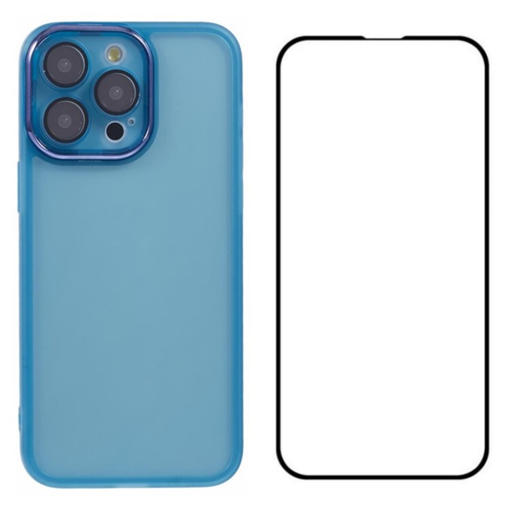 WANLONFENG DKSM Series for iPhone 14 Pro Max TPU Case Electroplated Frame Phone Cover with Tempered Glass - Transparent Blue