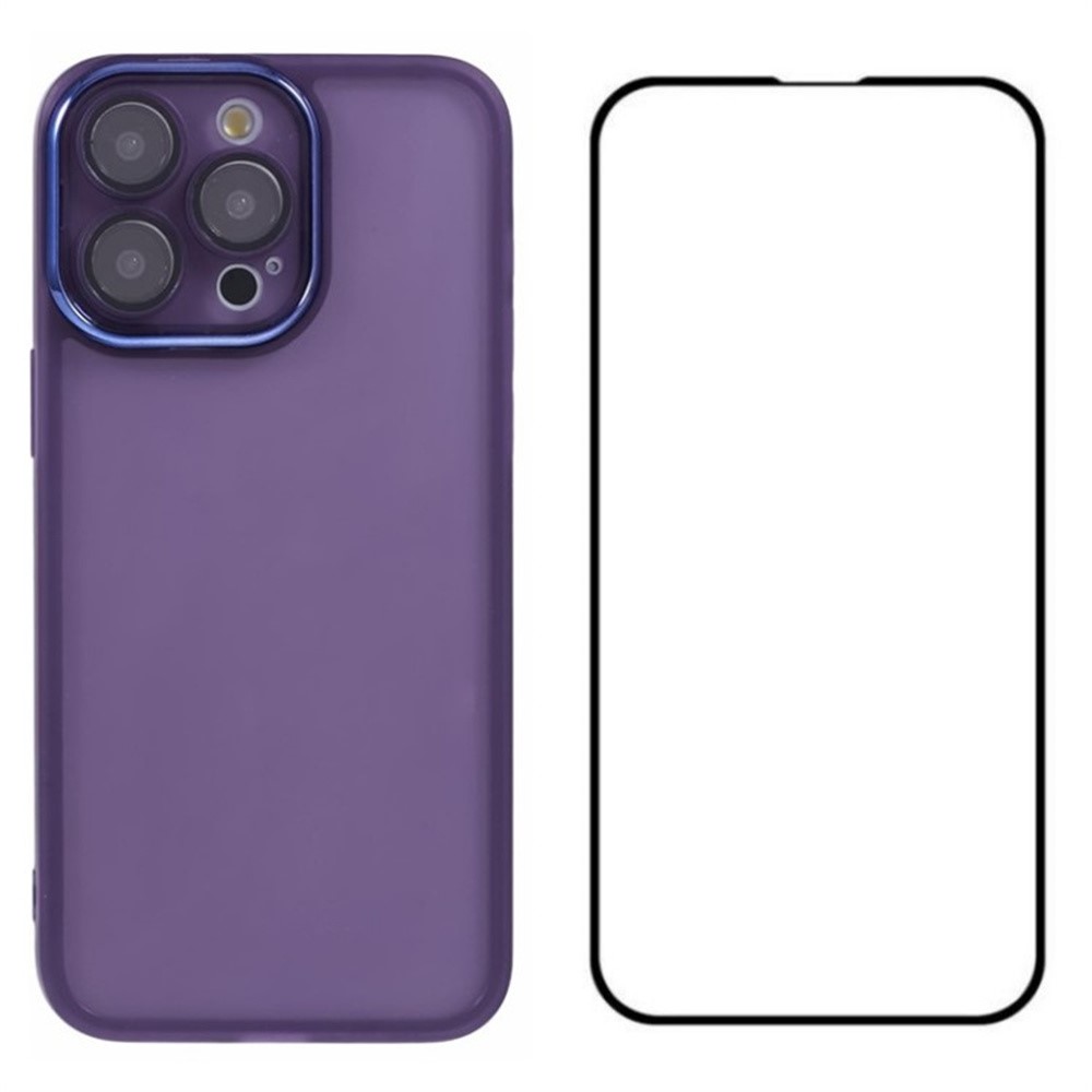 WANLONFENG DKSM Series for iPhone 14 Pro Max TPU Case Electroplated Frame Phone Cover with Tempered Glass - Transparent Purple