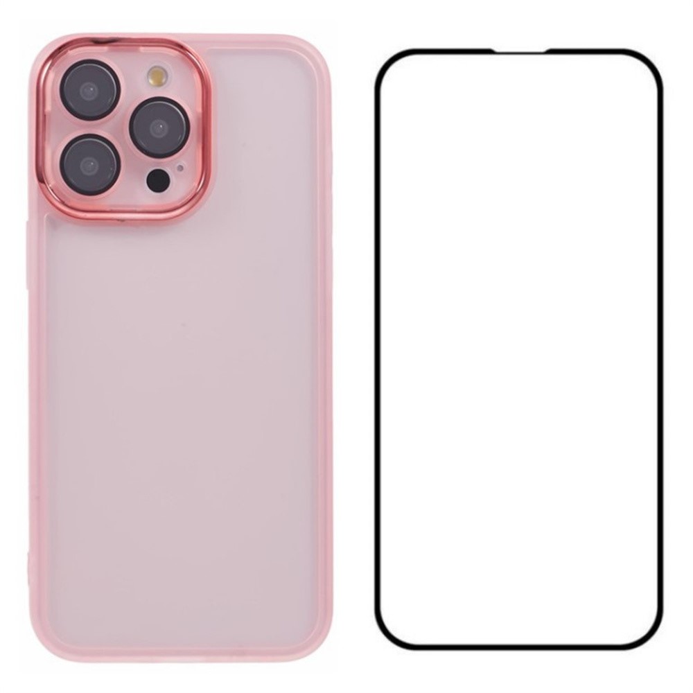 WANLONFENG DKSM Series for iPhone 14 Pro TPU Case Electroplated Frame Phone Cover with Tempered Glass - Transparent Pink