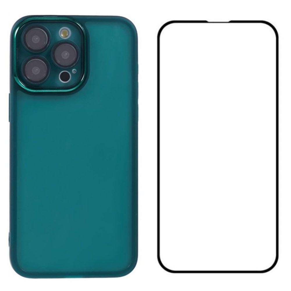 WANLONFENG DKSM Series for iPhone 14 Pro TPU Case Electroplated Frame Phone Cover with Tempered Glass - Transparent Army Green