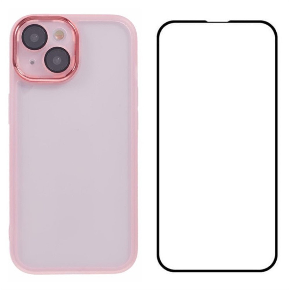 WANLONFENG DKSM Series for iPhone 15 TPU Case Electroplated Frame Phone Cover with Tempered Glass - Transparent Pink