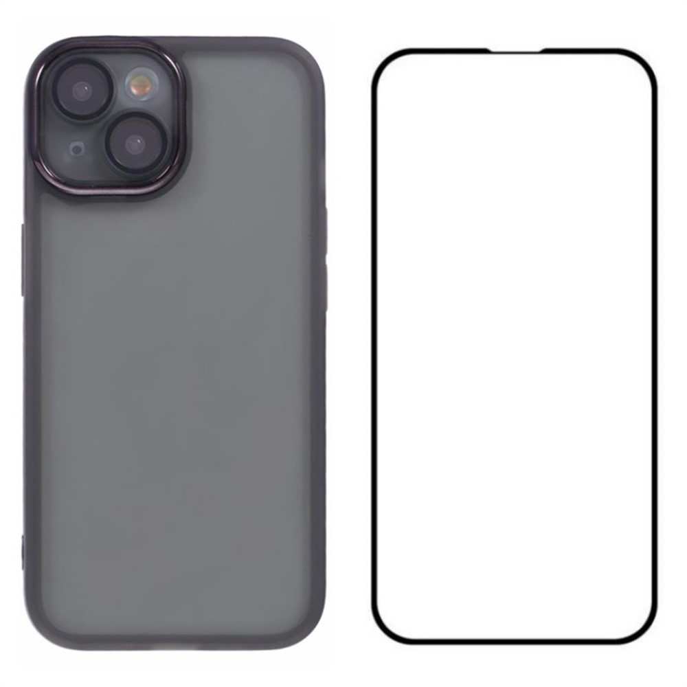 WANLONFENG DKSM Series for iPhone 15 TPU Case Electroplated Frame Phone Cover with Tempered Glass - Transparent Black