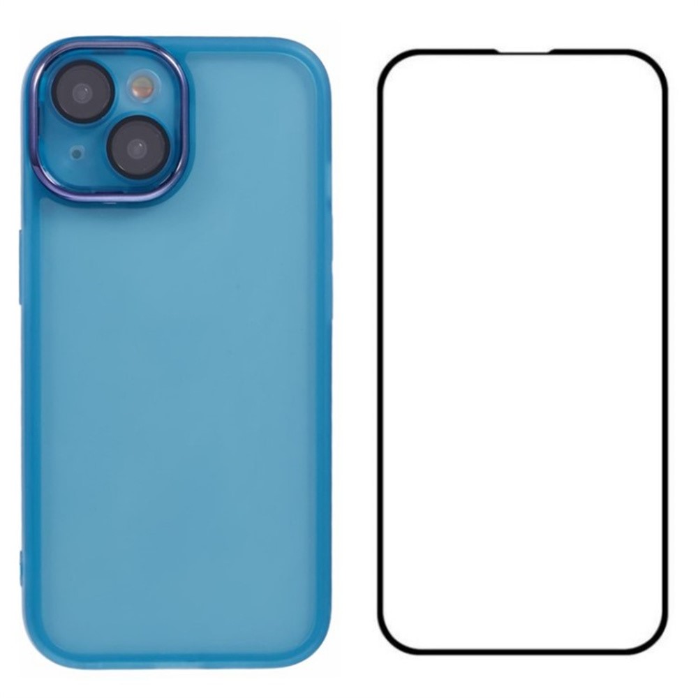 WANLONFENG DKSM Series for iPhone 15 TPU Case Electroplated Frame Phone Cover with Tempered Glass - Transparent Blue