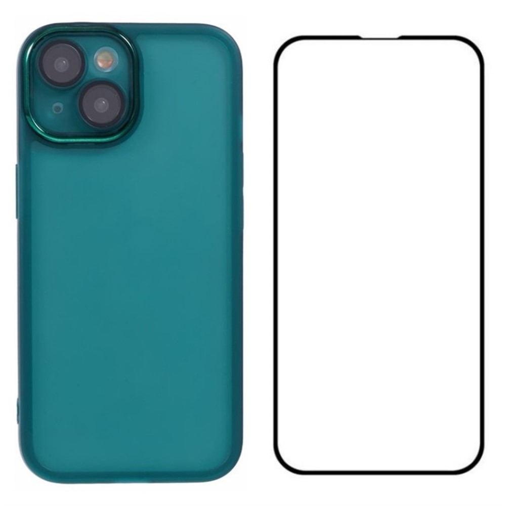 WANLONFENG DKSM Series for iPhone 15 TPU Case Electroplated Frame Phone Cover with Tempered Glass - Transparent Army Green