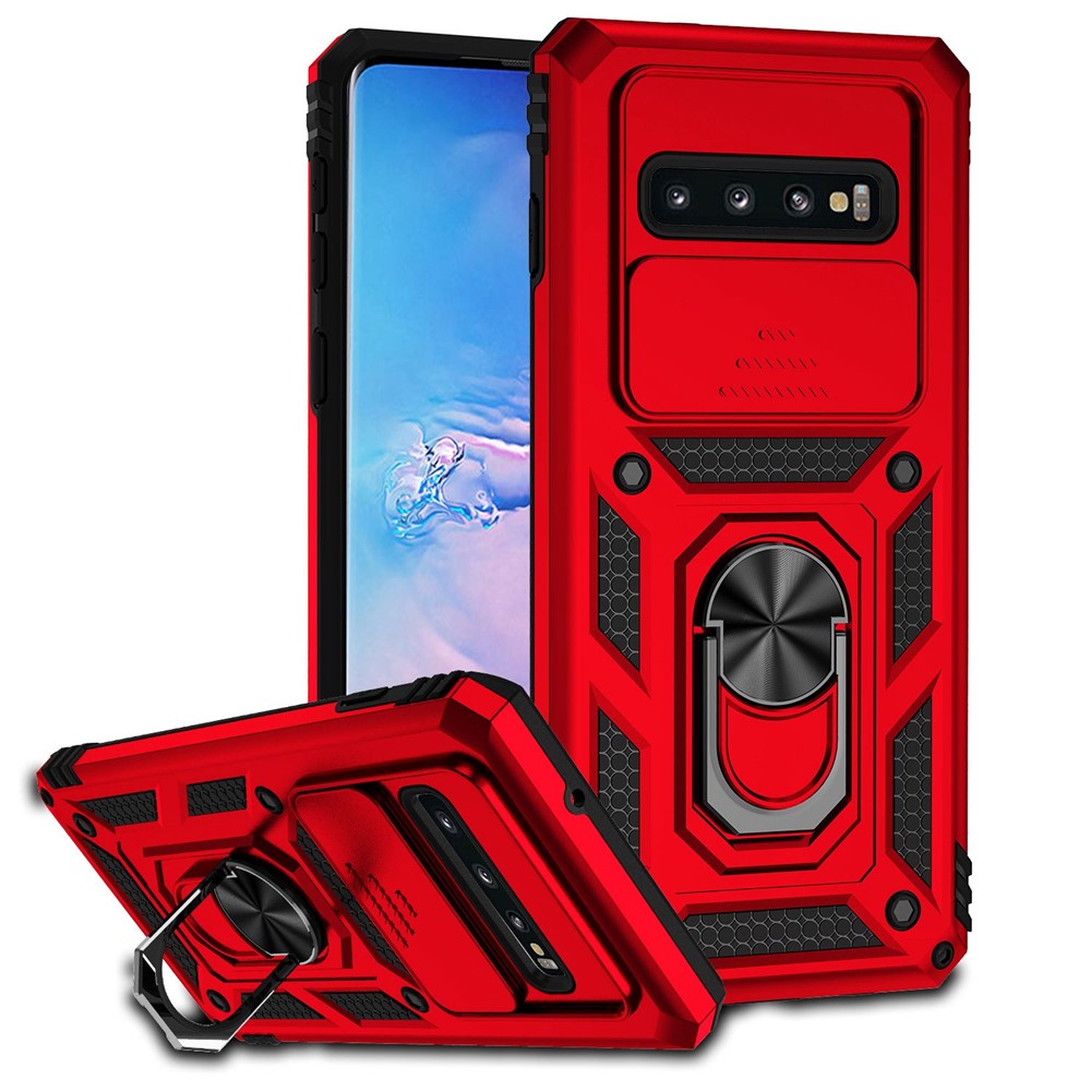 Slide Camera Protector Phone Case for Samsung Galaxy S10 Plus, PC + TPU Anti-drop Cover with Metal Ring Kickstand - Red