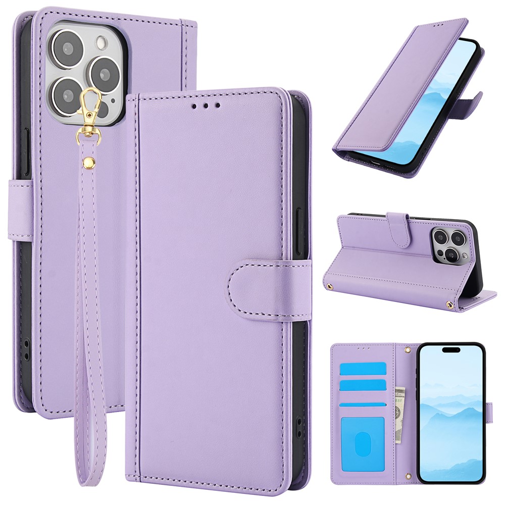 SY-003 For iPhone 14 Pro Case PU Leather Stand View Phone Wallet Cover with Hand Strap - Purple