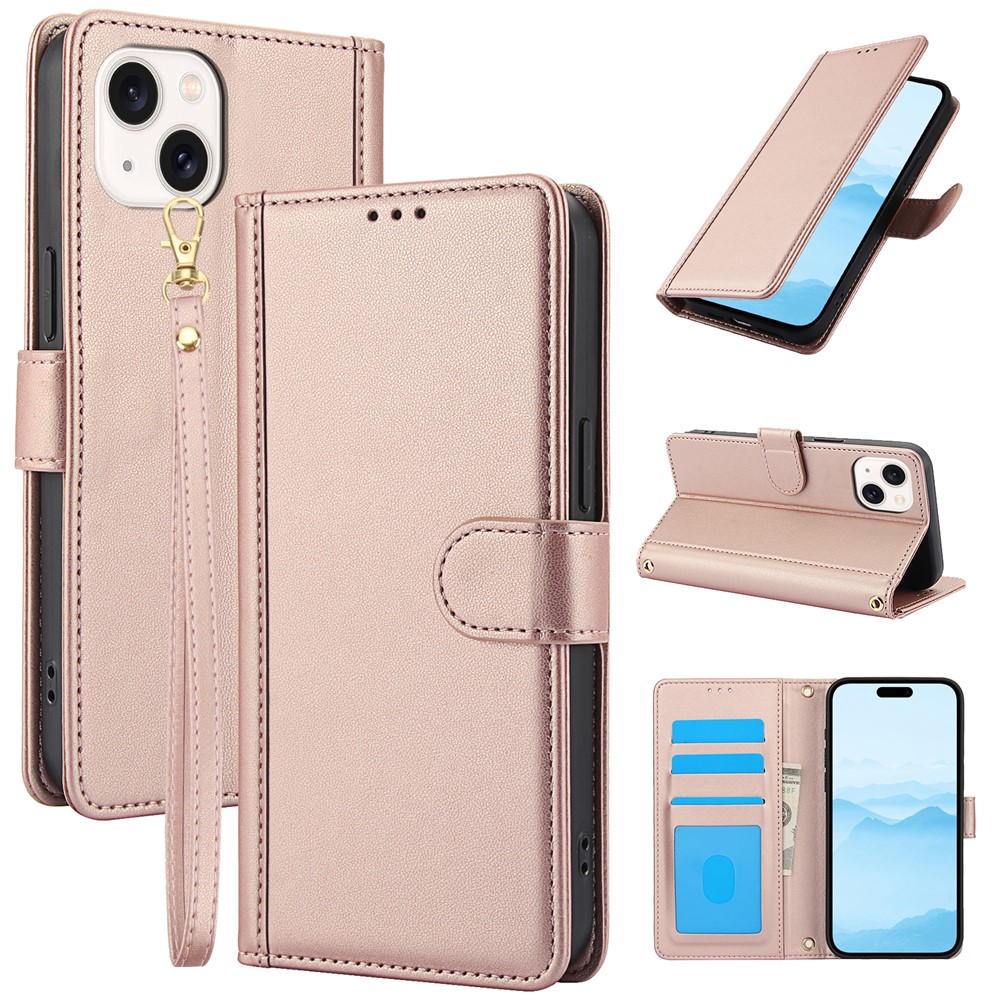SY-003 For iPhone 14 / 13 Case PU Leather Stand View Phone Wallet Cover with Hand Strap - Pink