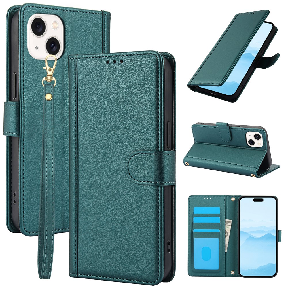 SY-003 For iPhone 14 / 13 Case PU Leather Stand View Phone Wallet Cover with Hand Strap - Green