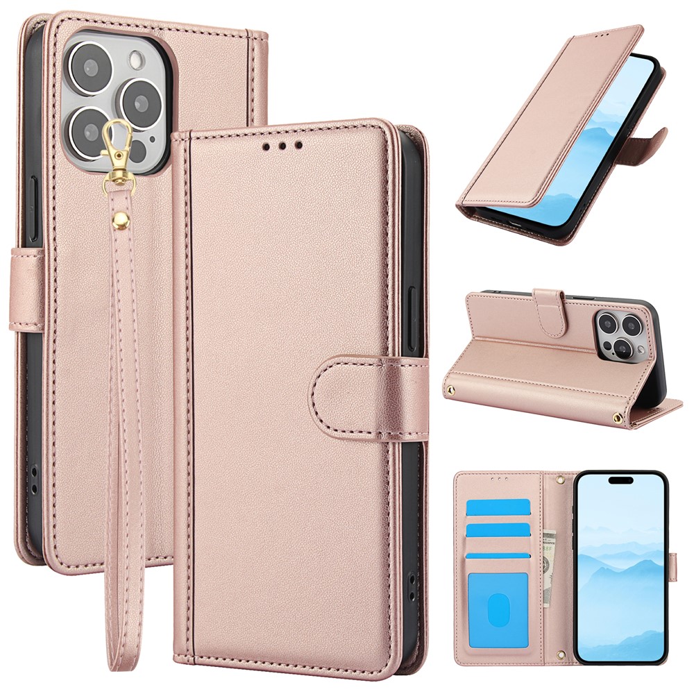 SY-003 For iPhone 14 Pro Max Case PU Leather Stand View Phone Wallet Cover with Hand Strap - Pink