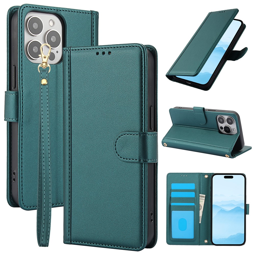 SY-003 For iPhone 14 Pro Max Case PU Leather Stand View Phone Wallet Cover with Hand Strap - Green