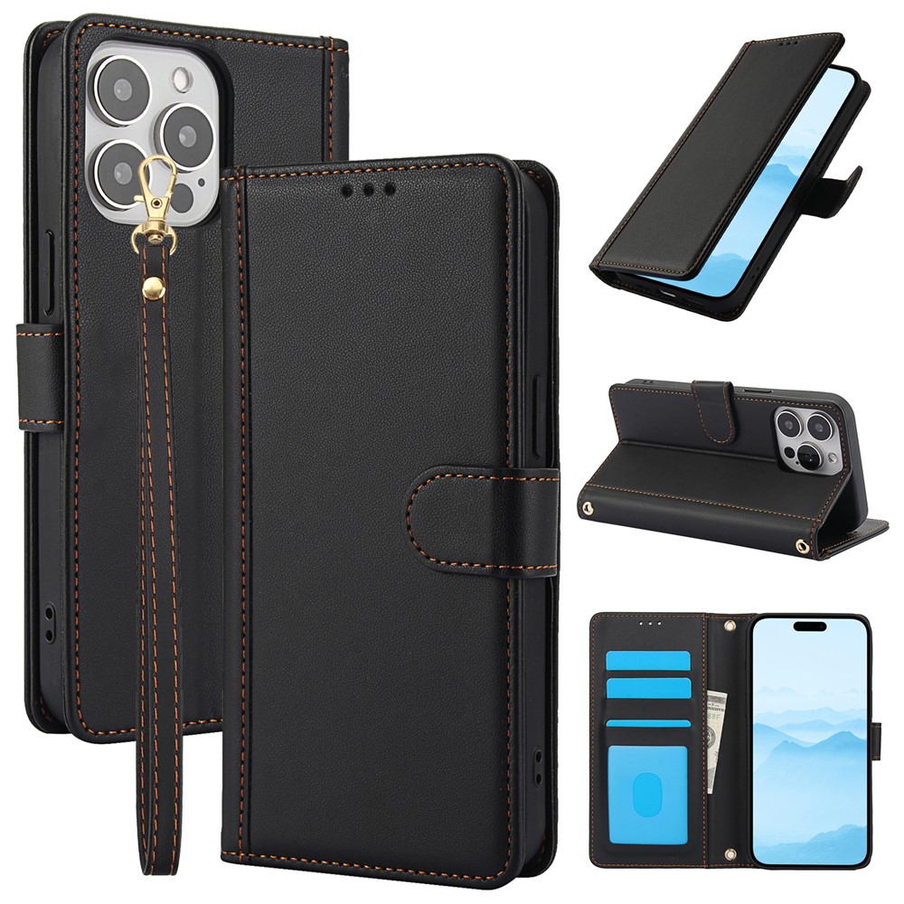 SY-003 For iPhone 14 Pro Max Case PU Leather Stand View Phone Wallet Cover with Hand Strap - Black