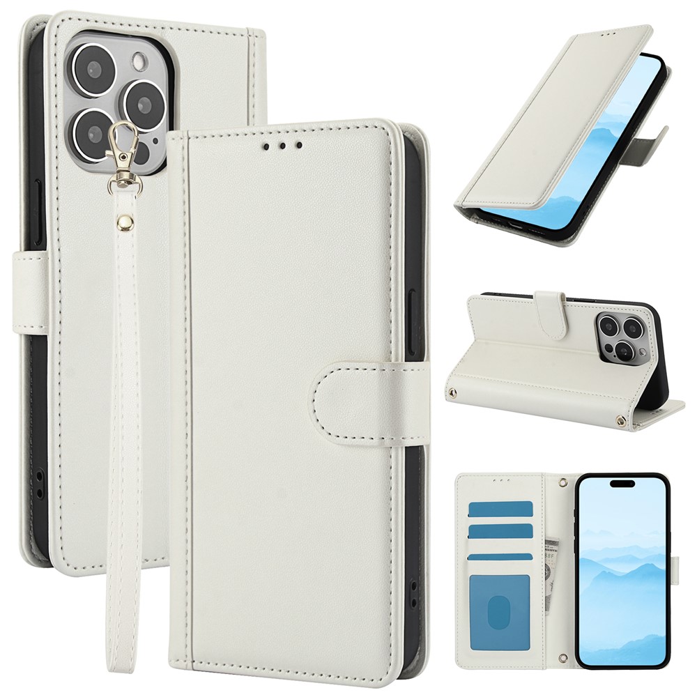 SY-003 For iPhone 14 Pro Max Case PU Leather Stand View Phone Wallet Cover with Hand Strap - White