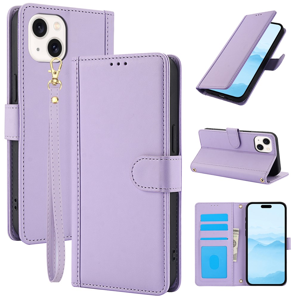 SY-003 For iPhone 15 Case PU Leather Stand View Phone Wallet Cover with Hand Strap - Purple