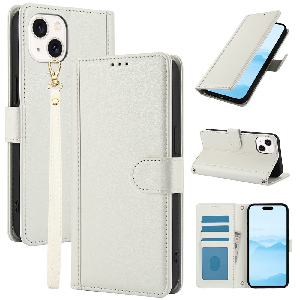 SY-003 For iPhone 15 Plus / 14 Plus Case PU Leather Stand View Phone Wallet Cover with Hand Strap - White