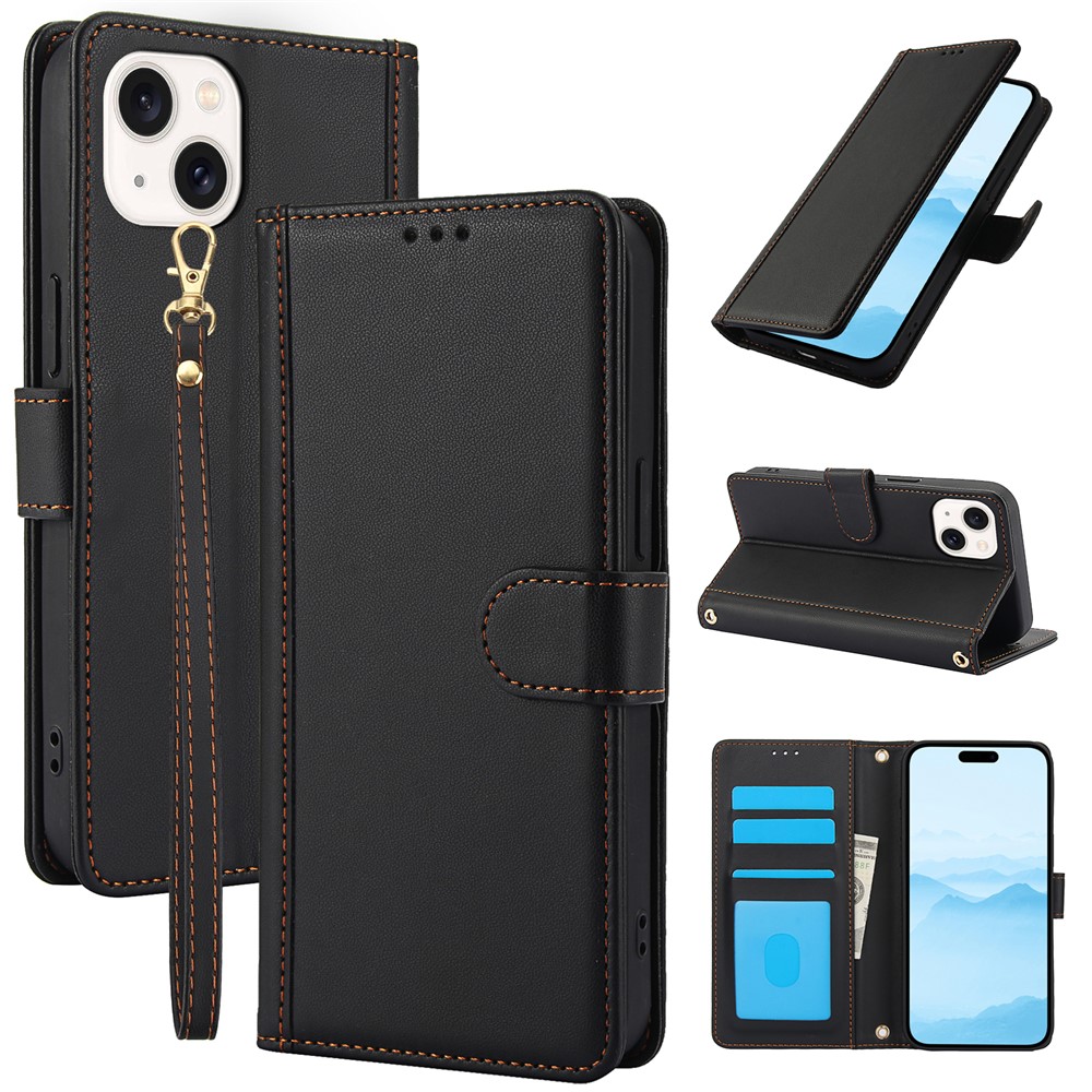 SY-003 For iPhone 15 Plus / 14 Plus Case PU Leather Stand View Phone Wallet Cover with Hand Strap - Black