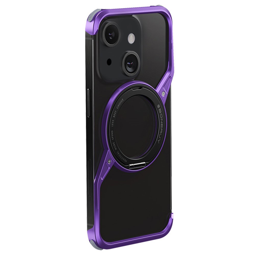 For iPhone 14 Bumper Phone Case Rotary Ring Kickstand Aluminium Alloy S-Shape Magnetic Cover - Purple