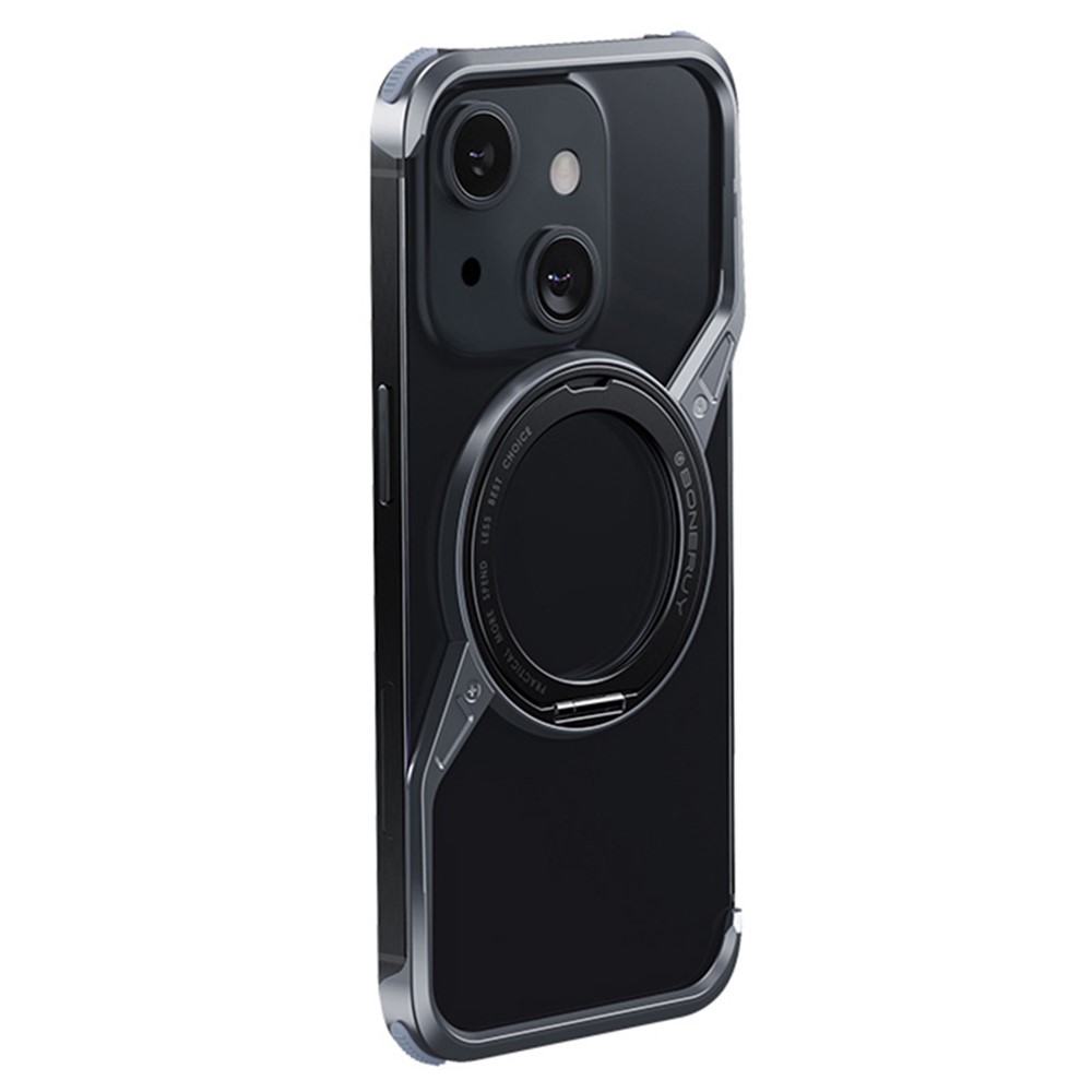 For iPhone 15 Bumper Phone Case Rotary Ring Kickstand Aluminium Alloy S-Shape Magnetic Cover - Grey