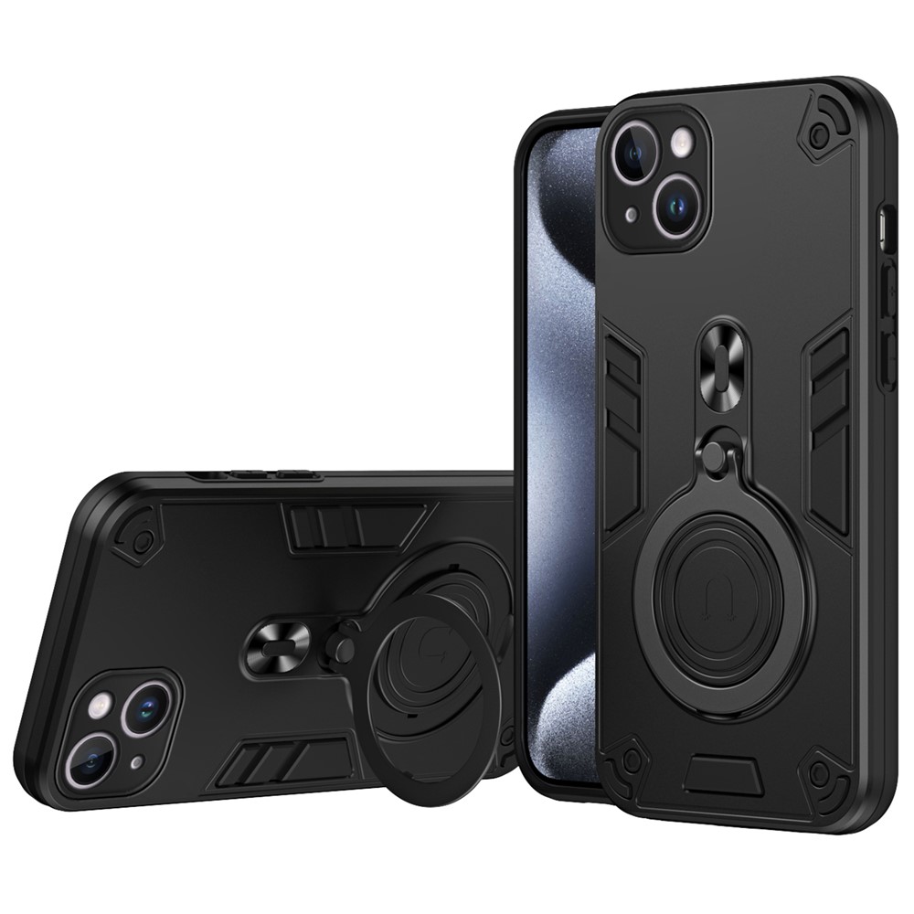 For iPhone 14 Plus Case Rotatable Kickstand PC+TPU Drop Protection Phone Cover - Black