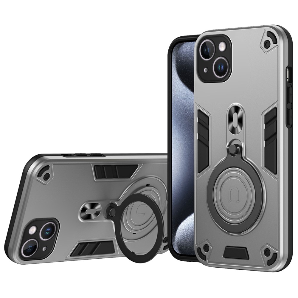 For iPhone 14 Plus Case Rotatable Kickstand PC+TPU Drop Protection Phone Cover - Silver