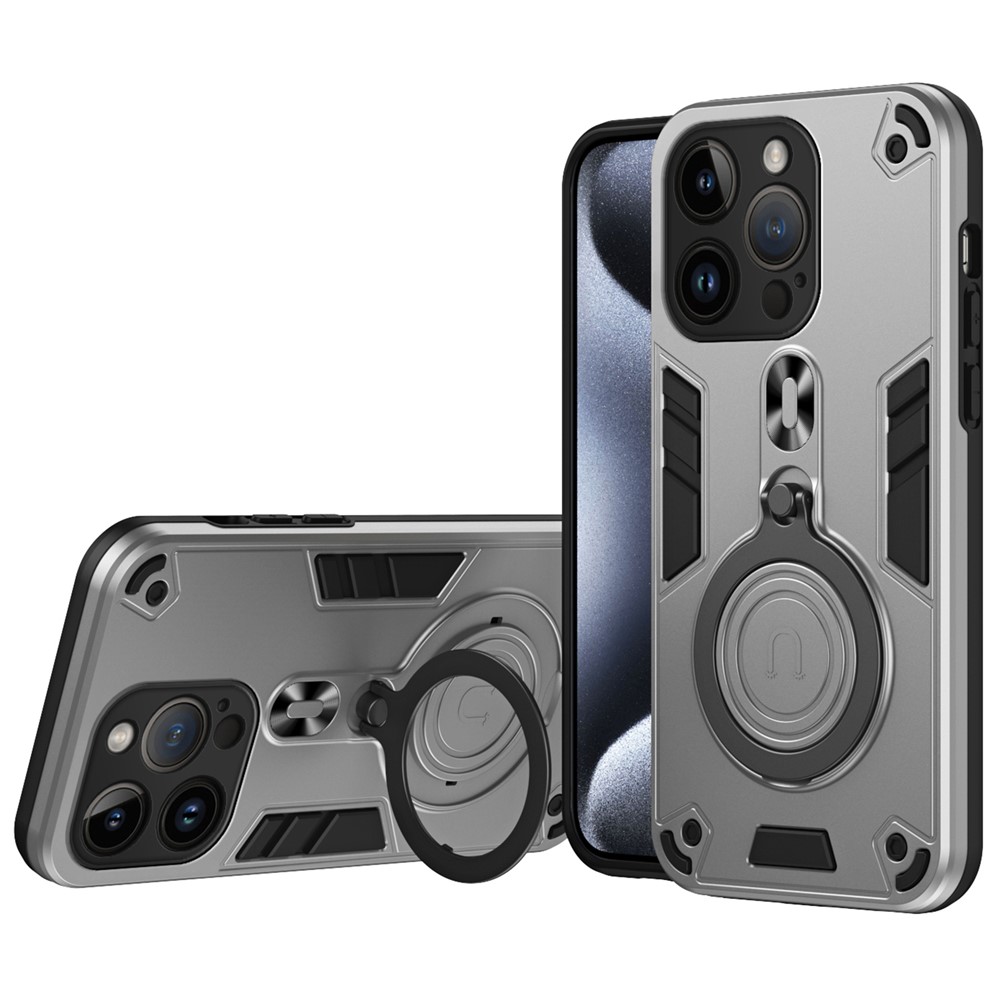 For iPhone 14 Pro Case Rotatable Kickstand PC+TPU Drop Protection Phone Cover - Silver