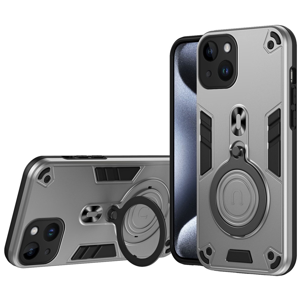 For iPhone 14 Case Rotatable Kickstand PC+TPU Drop Protection Phone Cover - Silver