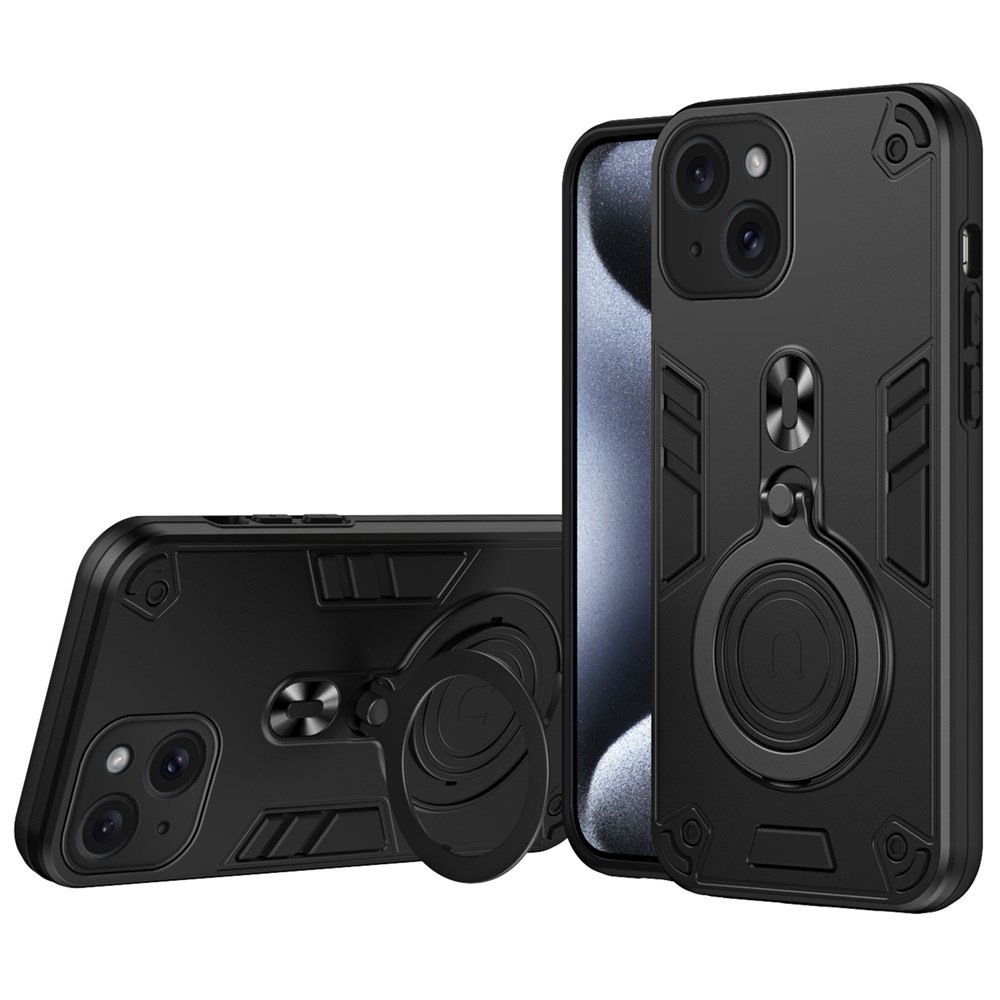 For iPhone 15 Case Rotatable Kickstand PC+TPU Drop Protection Phone Cover - Black