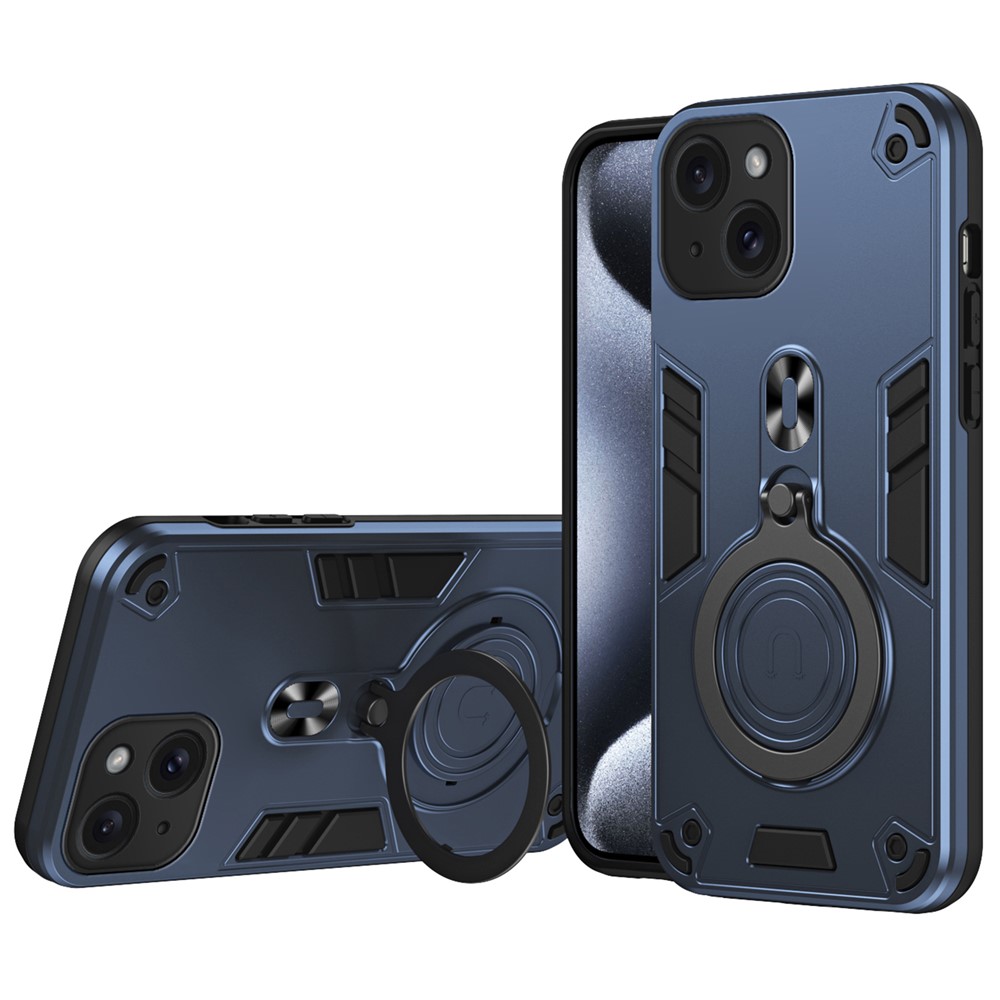 For iPhone 15 Case Rotatable Kickstand PC+TPU Drop Protection Phone Cover - Blue