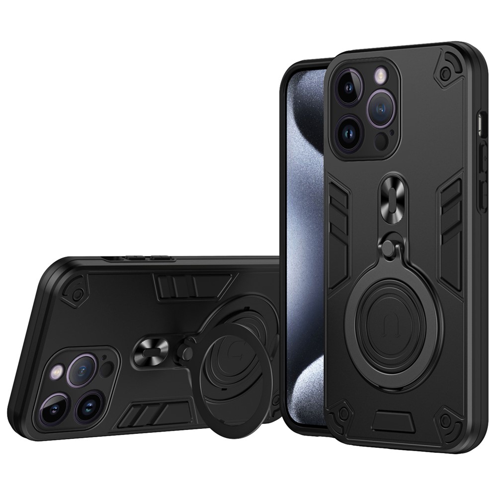 For iPhone 14 Pro Max Case Rotatable Kickstand PC+TPU Drop Protection Phone Cover - Black