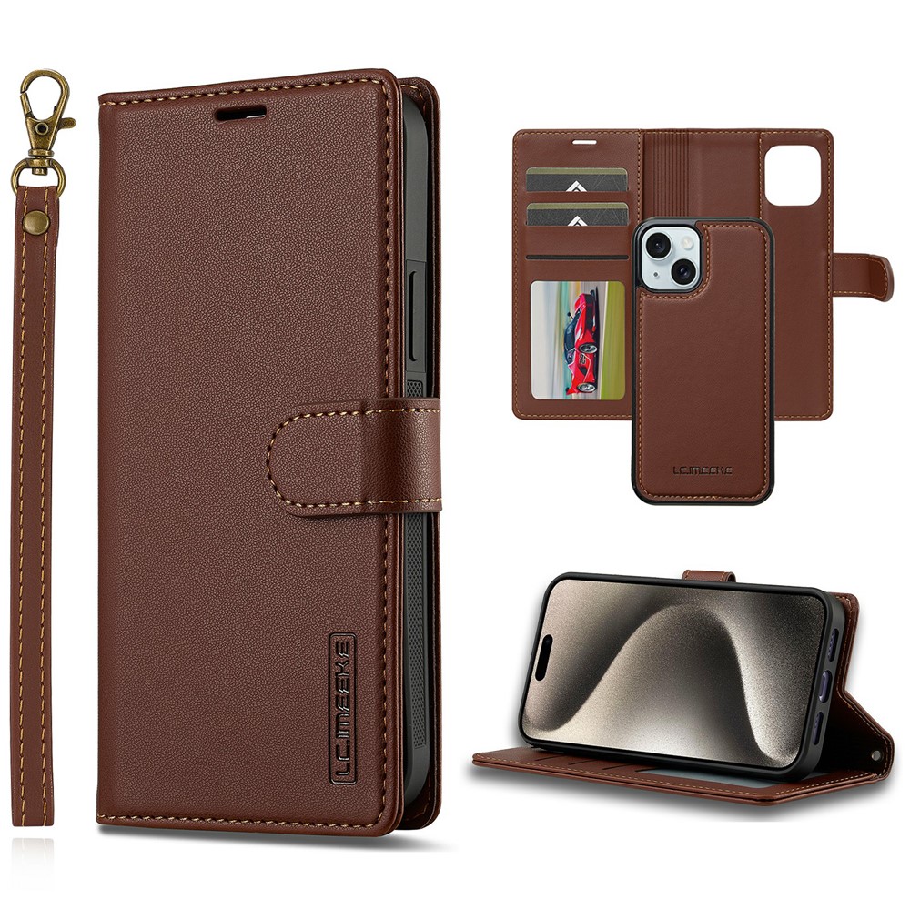 LC.IMEEKE L2 Series for iPhone 15 Case PU Leather Wallet Detachable Magnetic Phone Cover - Brown
