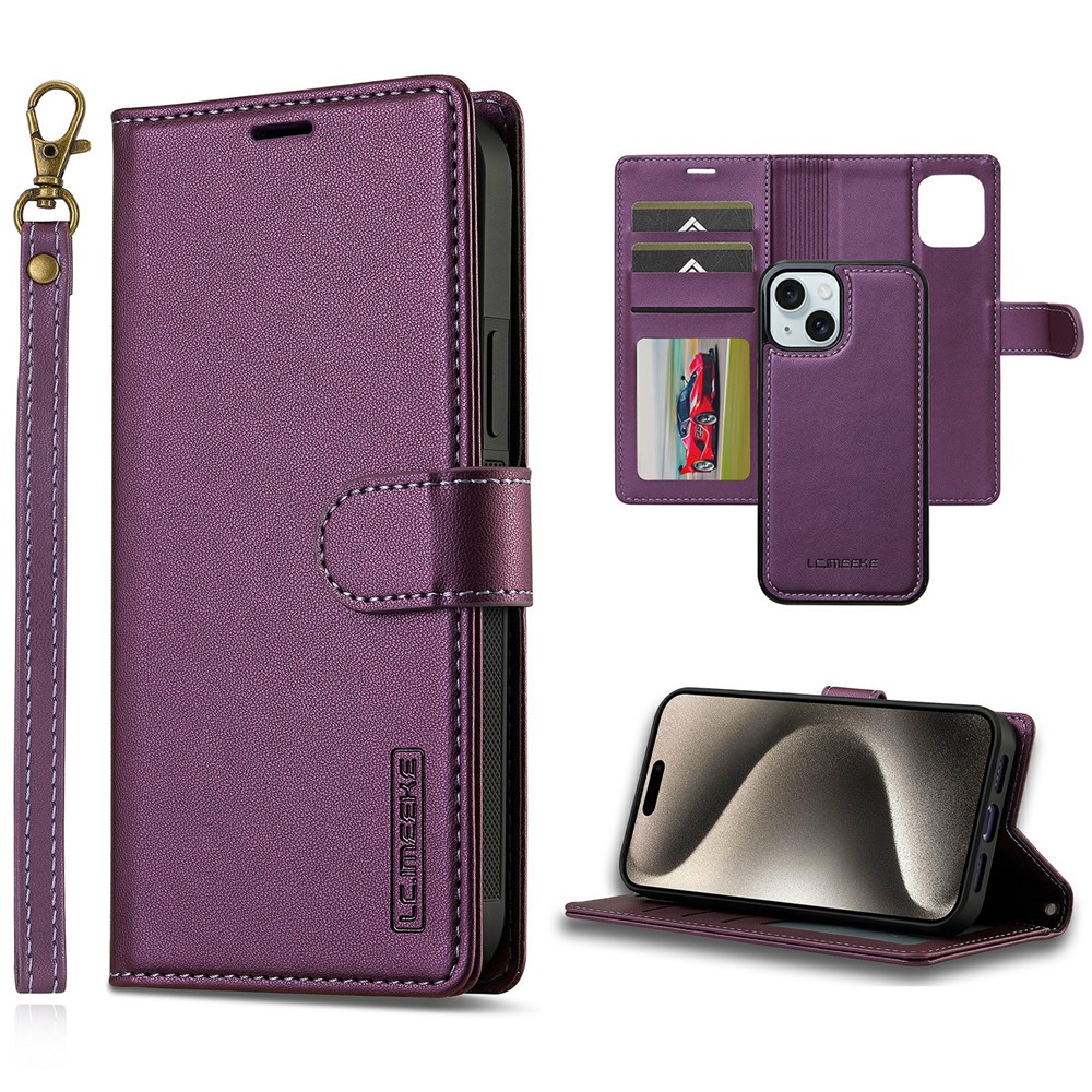 LC.IMEEKE L2 Series for iPhone 15 Case PU Leather Wallet Detachable Magnetic Phone Cover - Purple