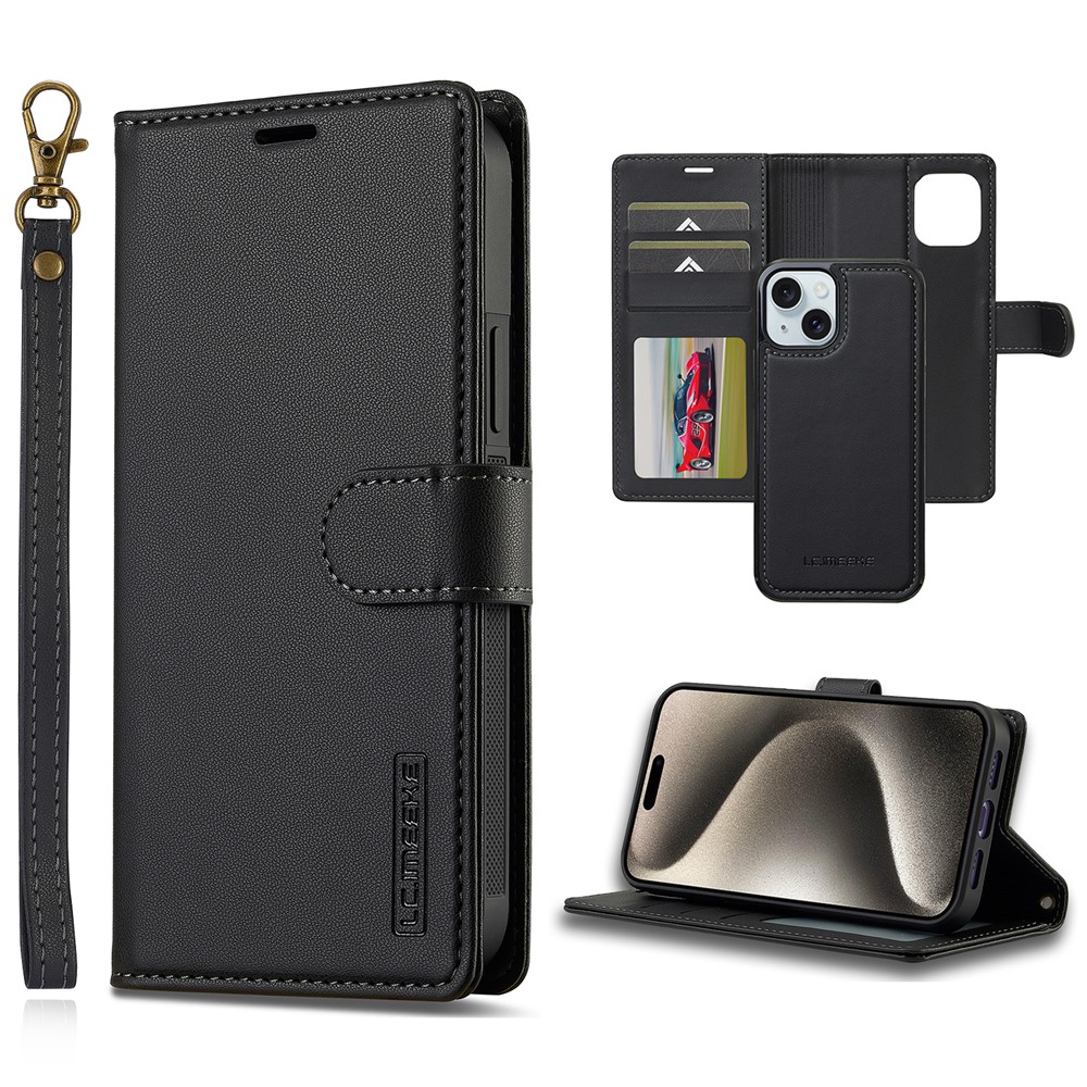 LC.IMEEKE L2 Series for iPhone 15 Plus / 14 Plus Case PU Leather Wallet Detachable Magnetic Phone Cover - Black