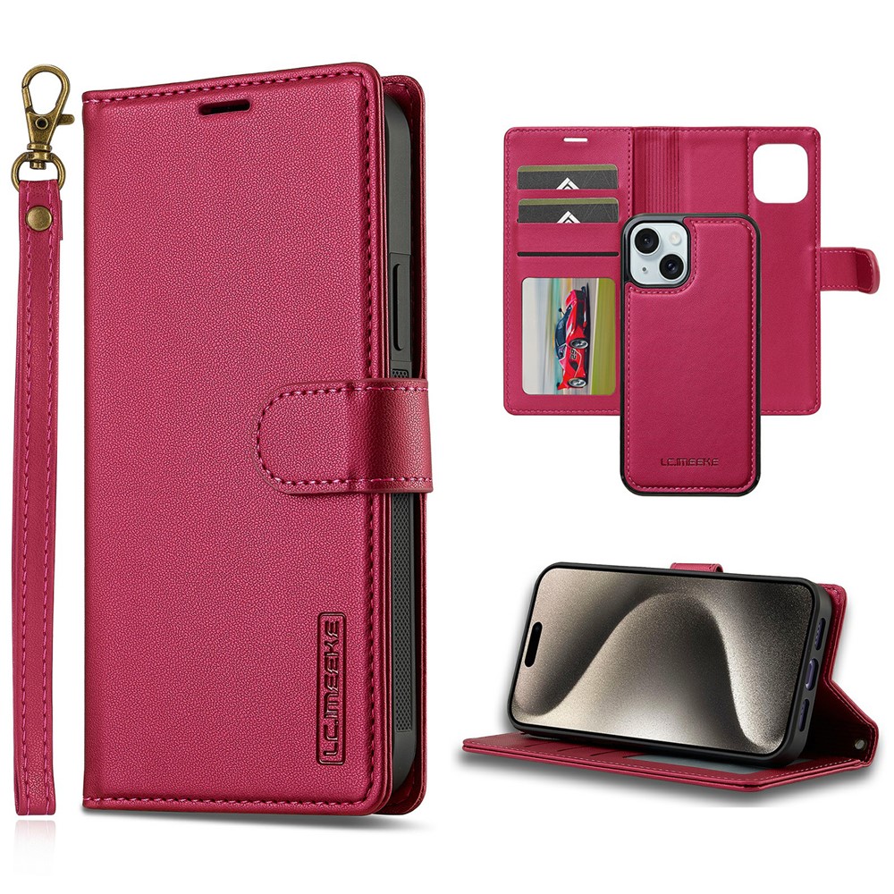 LC.IMEEKE L2 Series for iPhone 15 Plus / 14 Plus Case PU Leather Wallet Detachable Magnetic Phone Cover - Red