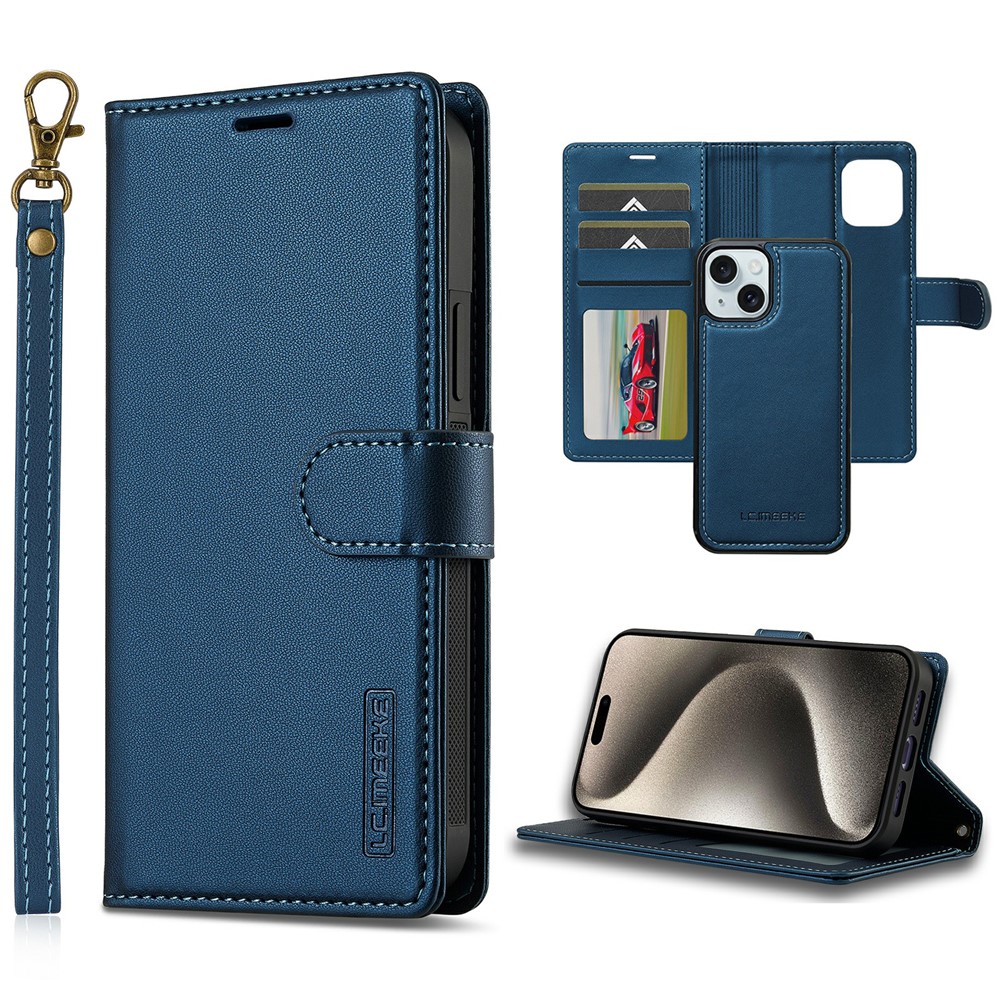 LC.IMEEKE L2 Series for iPhone 15 Plus / 14 Plus Case PU Leather Wallet Detachable Magnetic Phone Cover - Blue